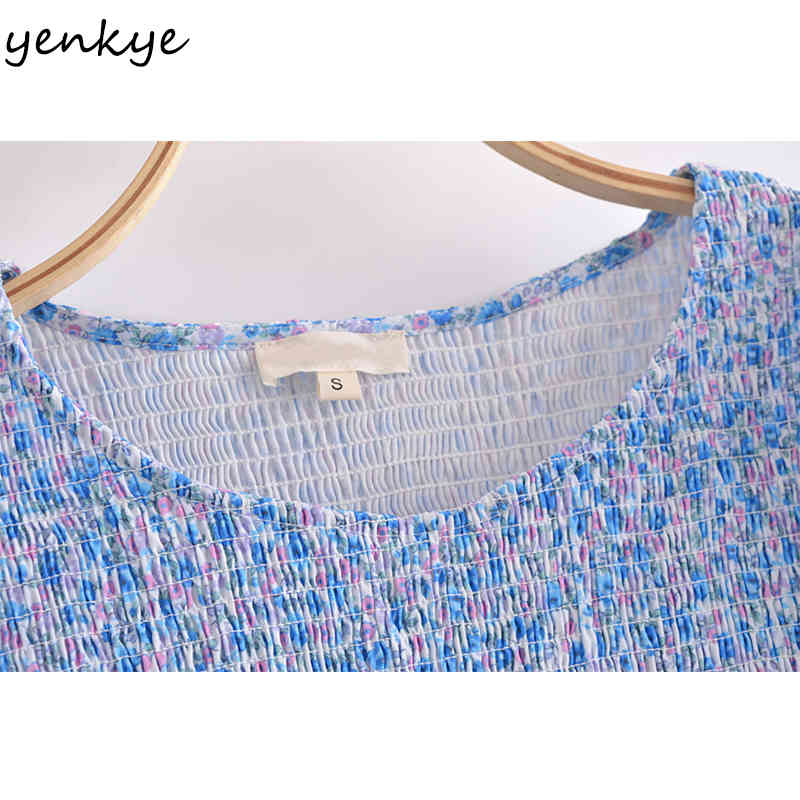 YENKYE Summer Women Blue Floral Print Dress Female Puff Sleeve Elastic Clothes Casual Slim Mini Vestido 210515