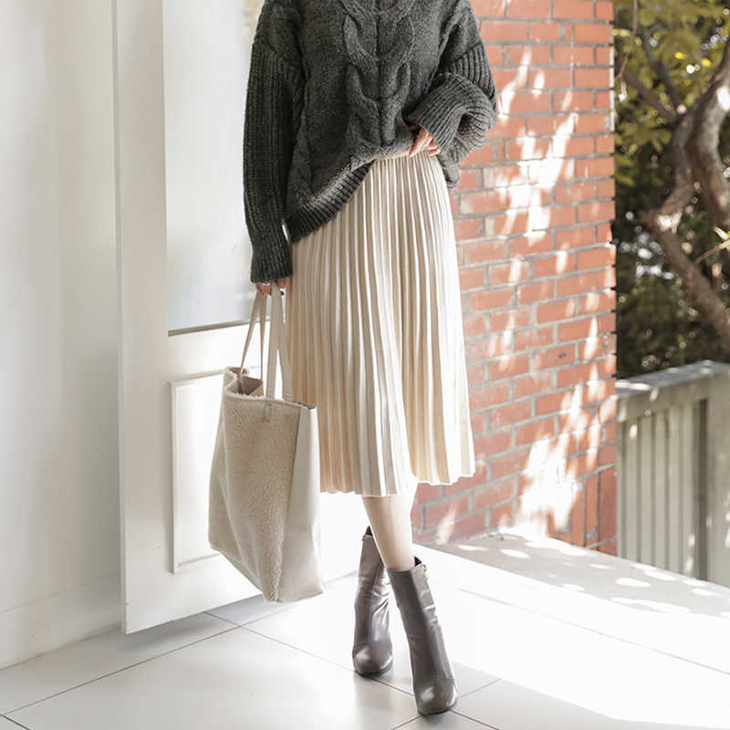 TIGENA Elegant Midi Pleated Knitted Skirt Women Autumn Winter Korean Knee Length a line High Waist Female Ladies 210619