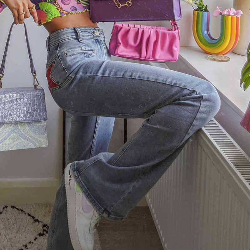 Woman jeans flare high Waist blue Jeans patchwork Denim pants Streetwear Vintage Quality Fashion long Straight Pants 210524