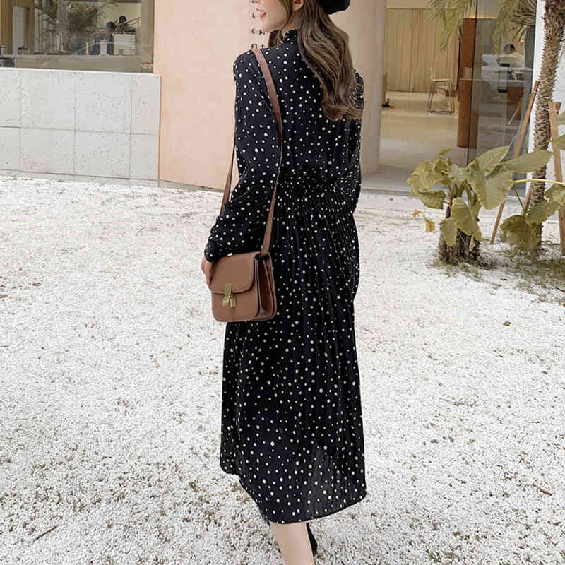 Korean Printed Chiffon Wave Dot High Waist Slim Long Sleeve Dress spring Maxi Casual Party Vestidos 7724 50 210427