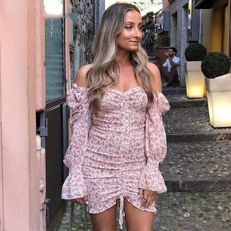 Bodycon Ruched long seleeve Dress Women Floral Print Short Elegant Bandage Boho Elastic autumn winter 210415