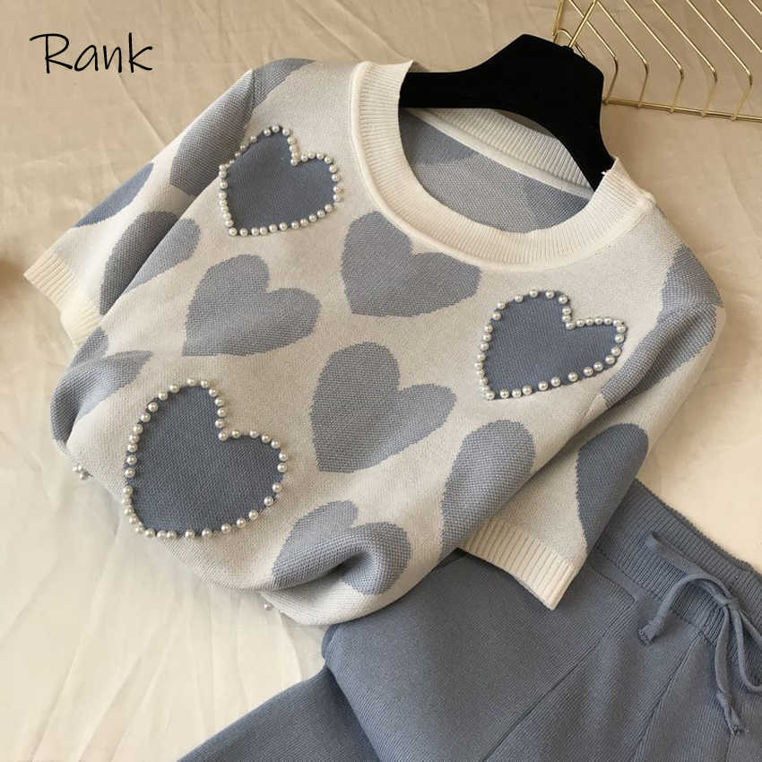 2 Piece Set Women Knit Outfits Heart Beading Round Neck Sweater Long Sleeve Pants Set Female Casual Elastic Harem Pants Top Sets Y0625