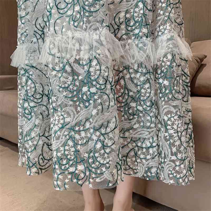 Vintage High Waist Long Dress Elegant Summer Women Boho Runway Mesh Embridery Short Sleeve Ruffles Vacation Party 210519