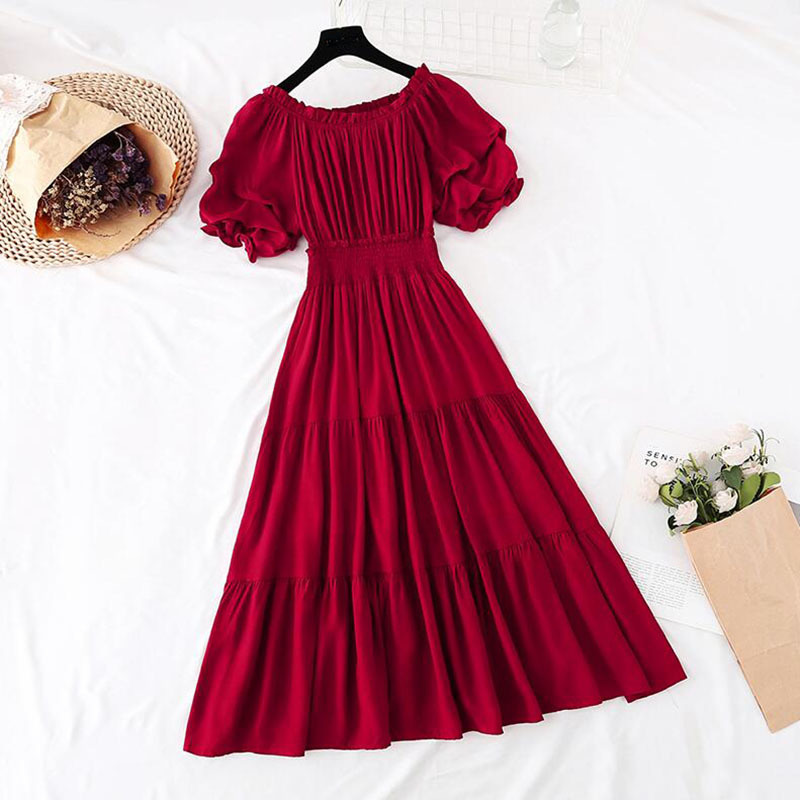 Fashion Summer Vintage Cotton linen Dress Elegant Ruffle off-the-shoulder Midi Long Dress Pleated Casual Dress Vestido 210521