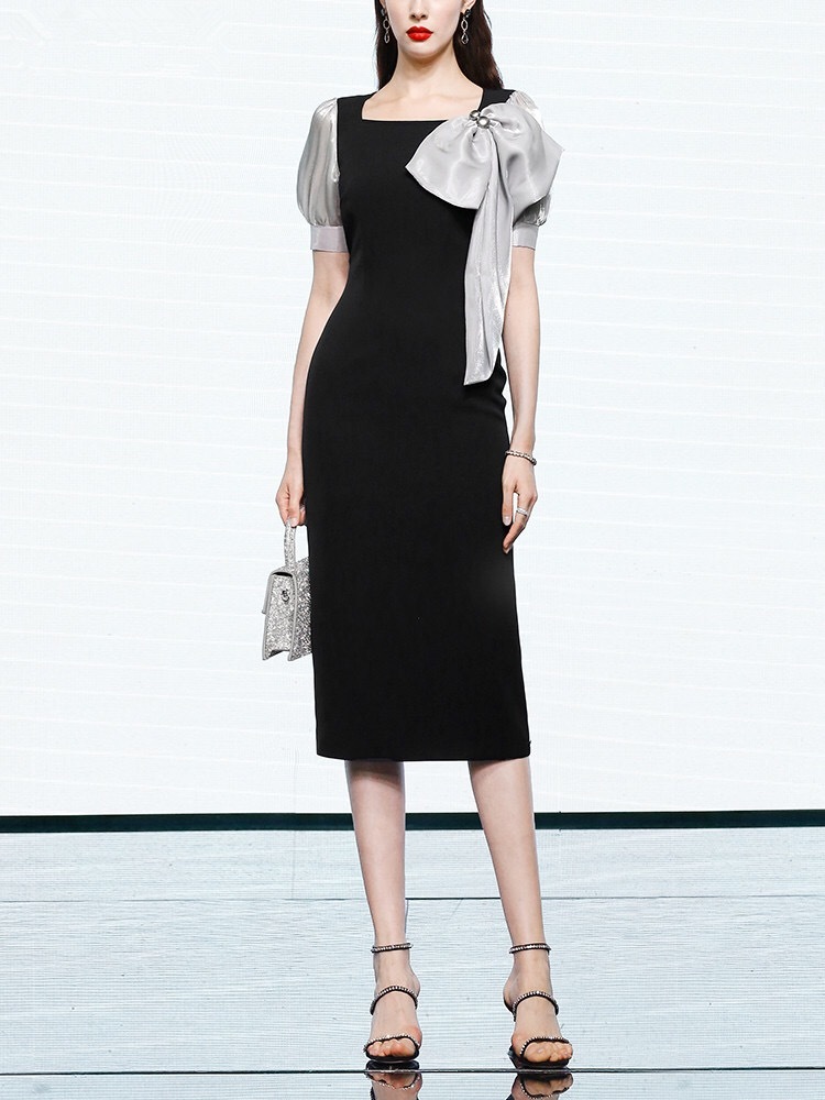 Office Pencil Eleagnt Bow Dress For Ladies Elegant Vintage Square Collar Summer Lantern Sleeve Slim Fashion 210421
