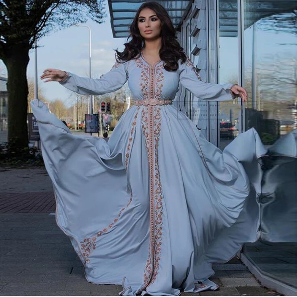Elegant Arabic Formal Evening Dresses Dubai Caftan Muslim Prom Gown Long Sleeves Appliques Light Blue Chiffon Kaftan Party Dress 0505 0505