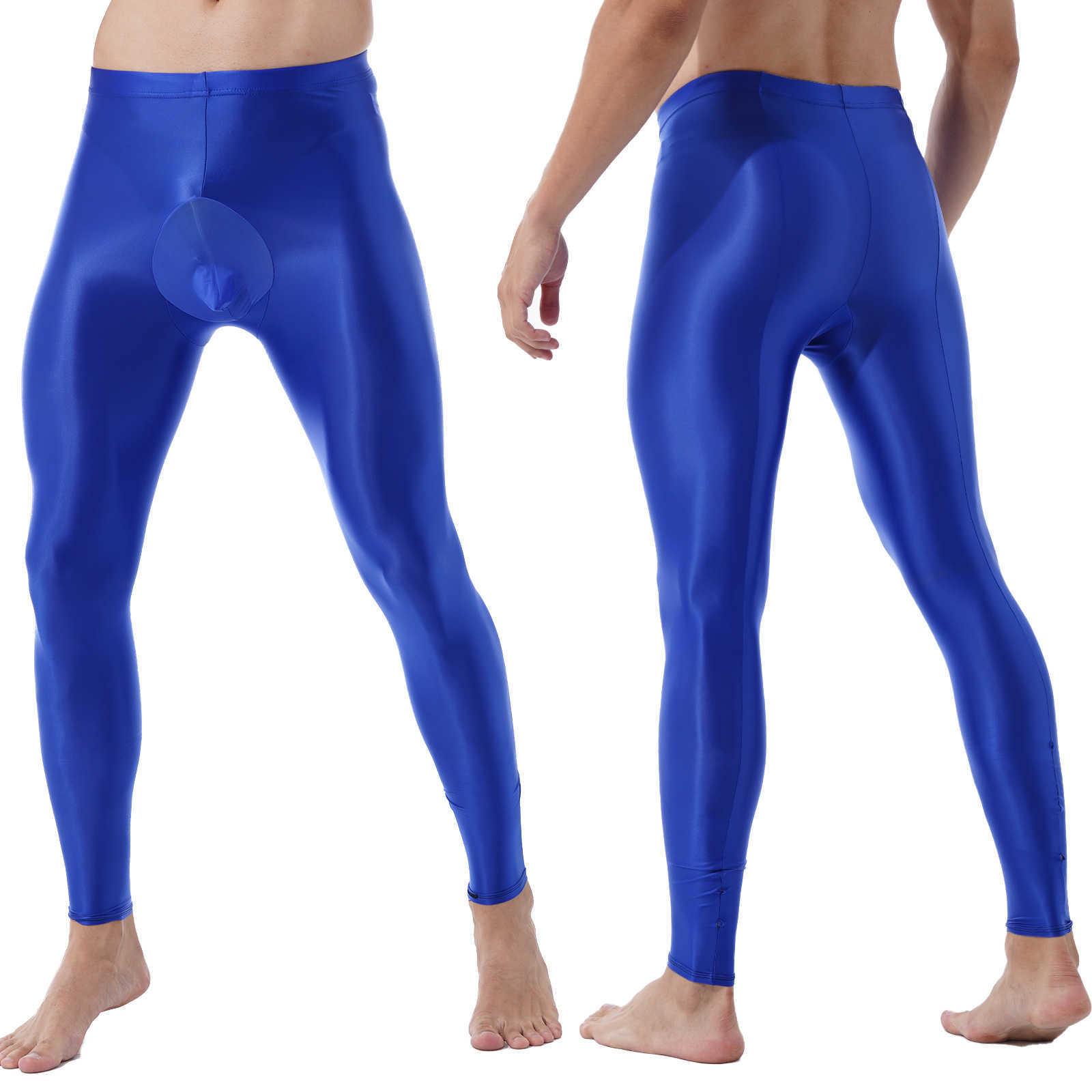 Mens Solid Color Glossy Pants Comfortable Bulge Pouch Pants Mid Elastic Waistband Stretchy Leggings Exotic Skinny Pants Y0811