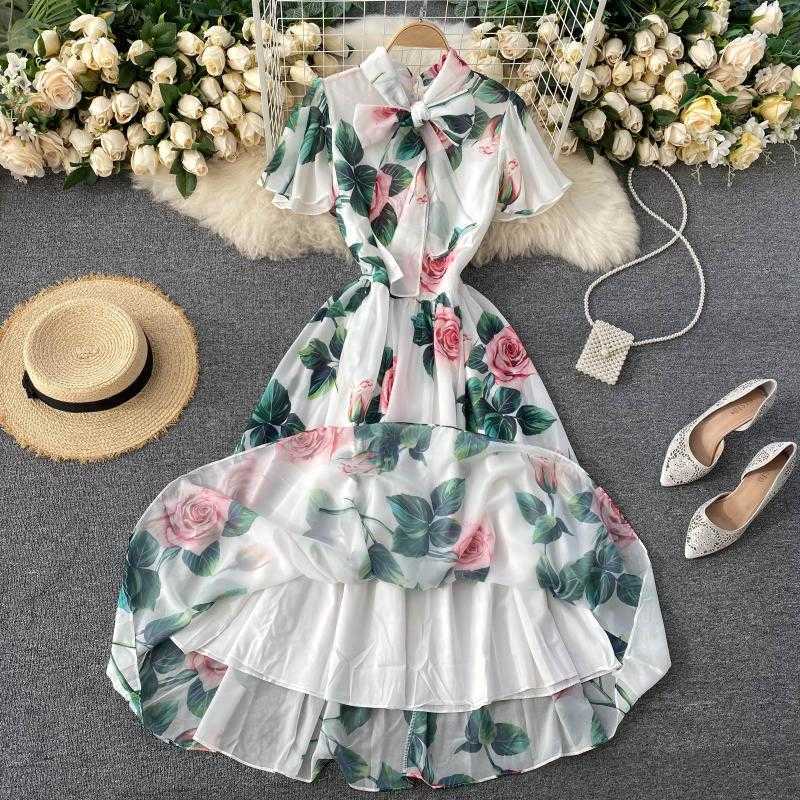 Fashion Elegant A-line Dress Women Bow Neck Print Sweet Lace Up Holiday Vintage Clothes Vestidos De Mujer Q638 210527