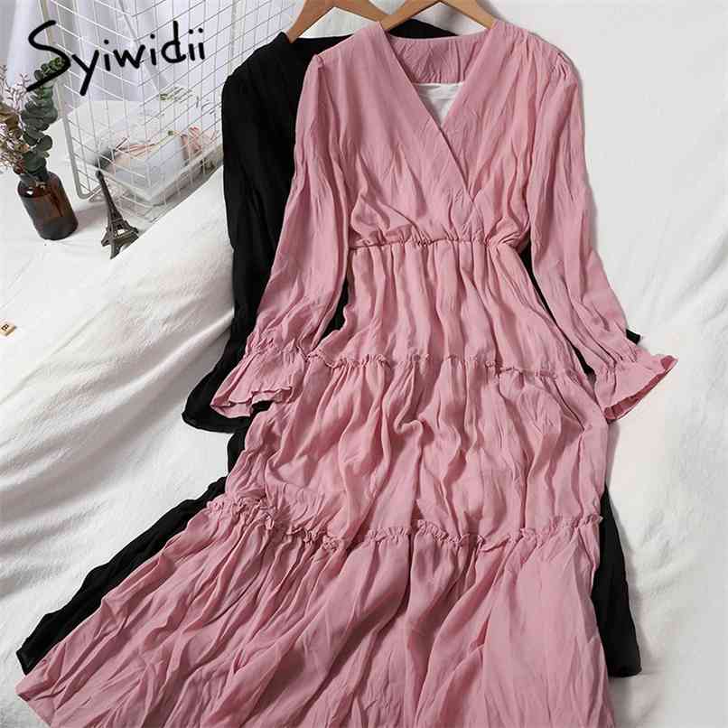 Fashion Elastic High Waist Dresses Women Butterfly Sleeve V-Neck A-line Solid Pink White Clothes Spring Korean 210607, Black
Fashion Elastic High Waist Dresses Women Butterfly Sleeve V-Neck A-line Solid Pink White Clothes Spring Korean 210607, Black