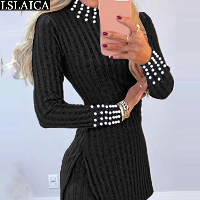2 Two Peice Set Women Track Suit Long Sleeve Bubble Bead Decorat&Woman Pants Black 2 Outfits For Rib Knit 210520