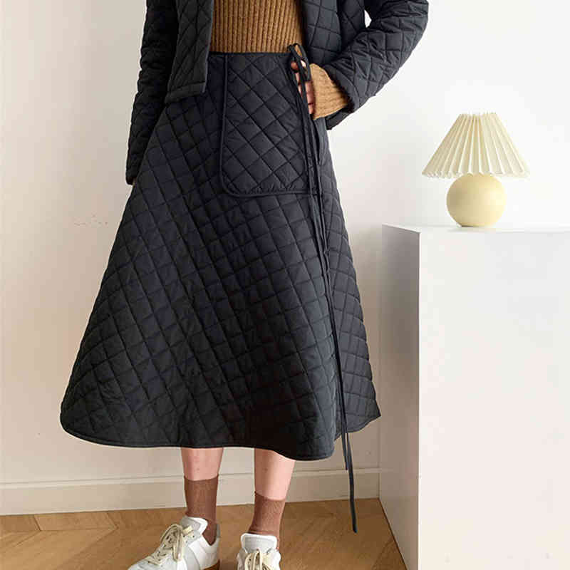 Casual Patchwork Pliad Skirt For Women High Waist Pocket Black Cotton Skirts Female Winter Fashion 210521