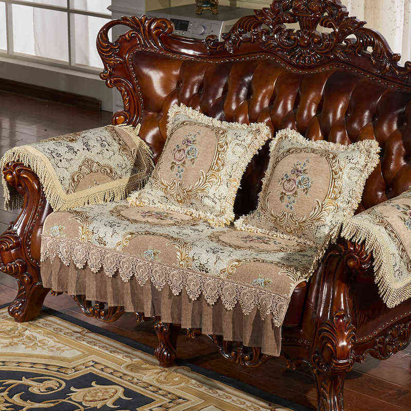 Retro Chenille Lace Sofa 1 2 3 Seater ral Leather Couch Slipcover Protector Armrest Chair Cover Anti-slip European 211102