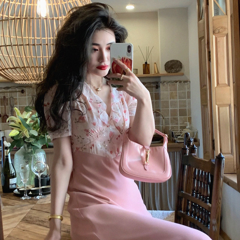 Dress Korean Short Sleeve Thin Elegant Dresss Women Casual Floral Printed Midi Dress Female Office Lady Summer 210521