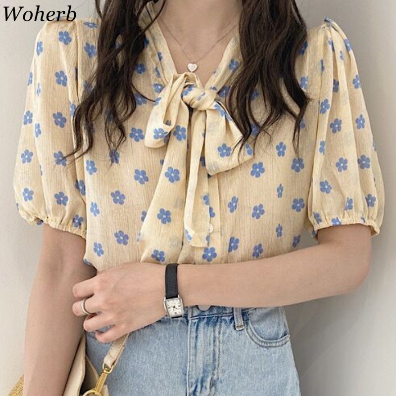Blusas Mujer De Moda Women Blouses Sweet Bow Tie Lace-up Flower Puff Sleeve Shirt Korean Elegant Fresh Chiffon Tops 210519