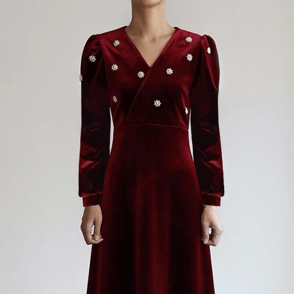 elegant v-neck long sleeve A-line velvet red crystal buttons midi dress for women spring autumn dresses plus size 2XL 210421