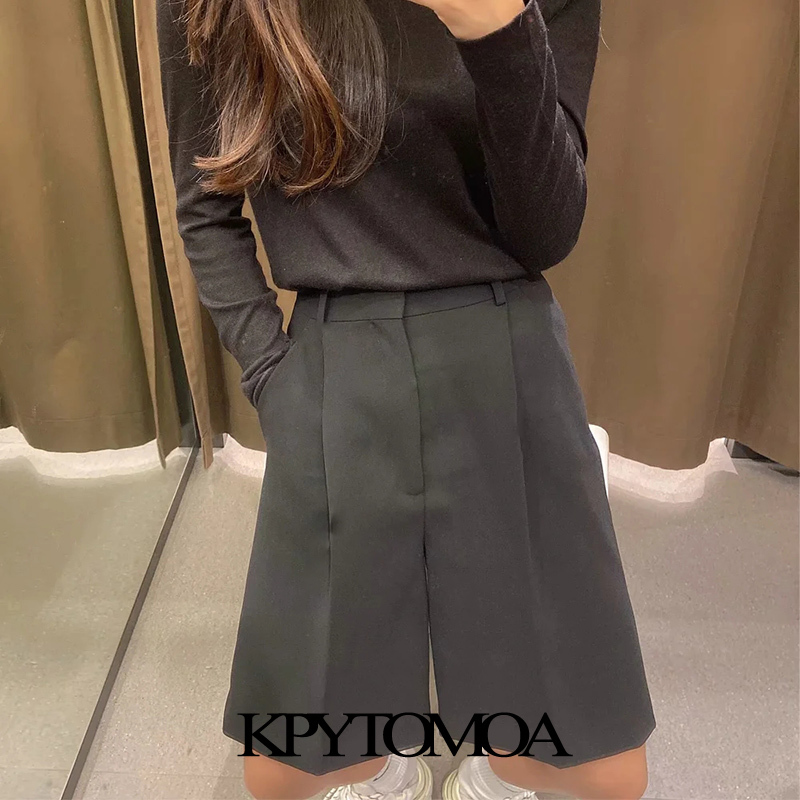 Women Chic Fashion Side Pockets Pleated Bermuda Shorts High Waist Zipper Fly Female Short Pants Mujer 210420