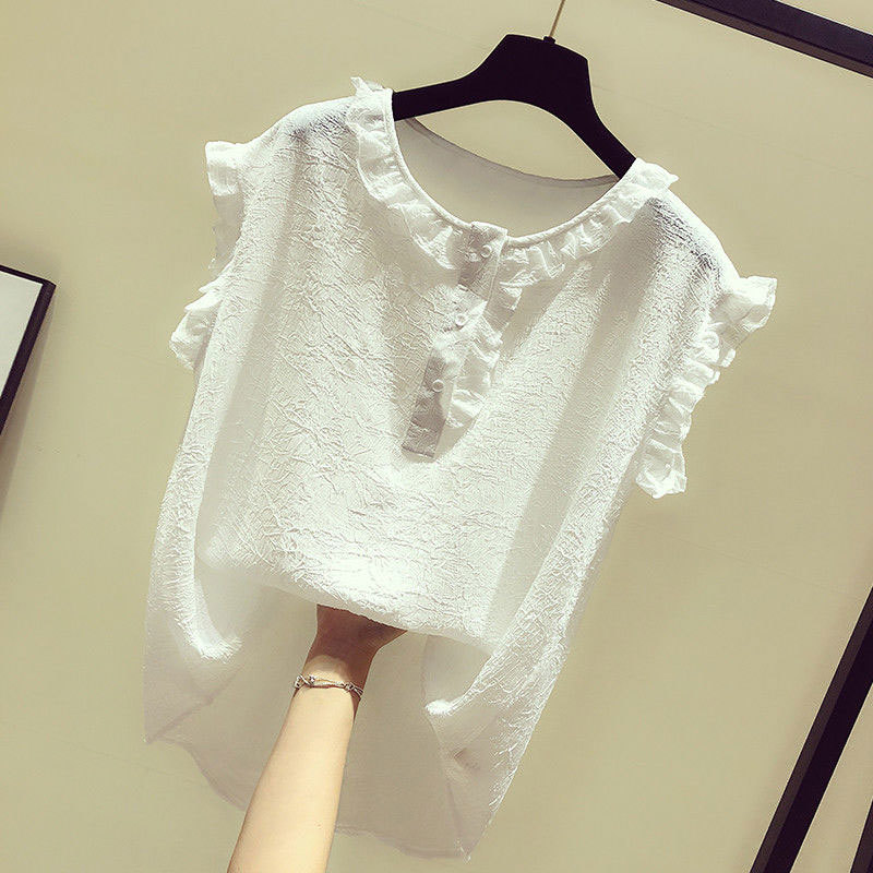 Korea Fashion Summer Women Shirt Plus Size Sweet Cute Sleeveless Chiffon Shirts Ruffles Blouses Female Tops Clothes D26 210512