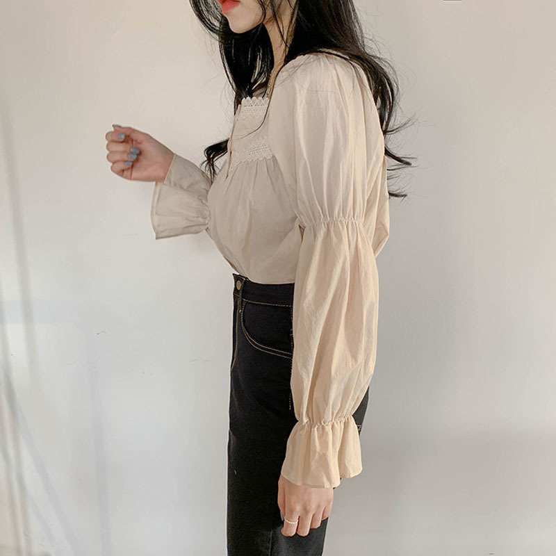 Beige Lace Blouse Vintage Square Collar Women Long Puff Sleeve Shirt Solid Cardigan Sweet Blusas Clothes Tops 11200 210427