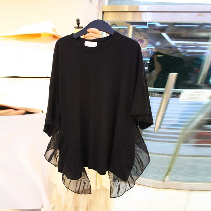 Summer Loose Slim Pleated Ruffles Patchwork Black Short-sleeved O Neck T-shirt Women's Tops 210615
Summer Loose Slim Pleated Ruffles Patchwork Black Short-sleeved O Neck T-shirt Women's Tops 210615