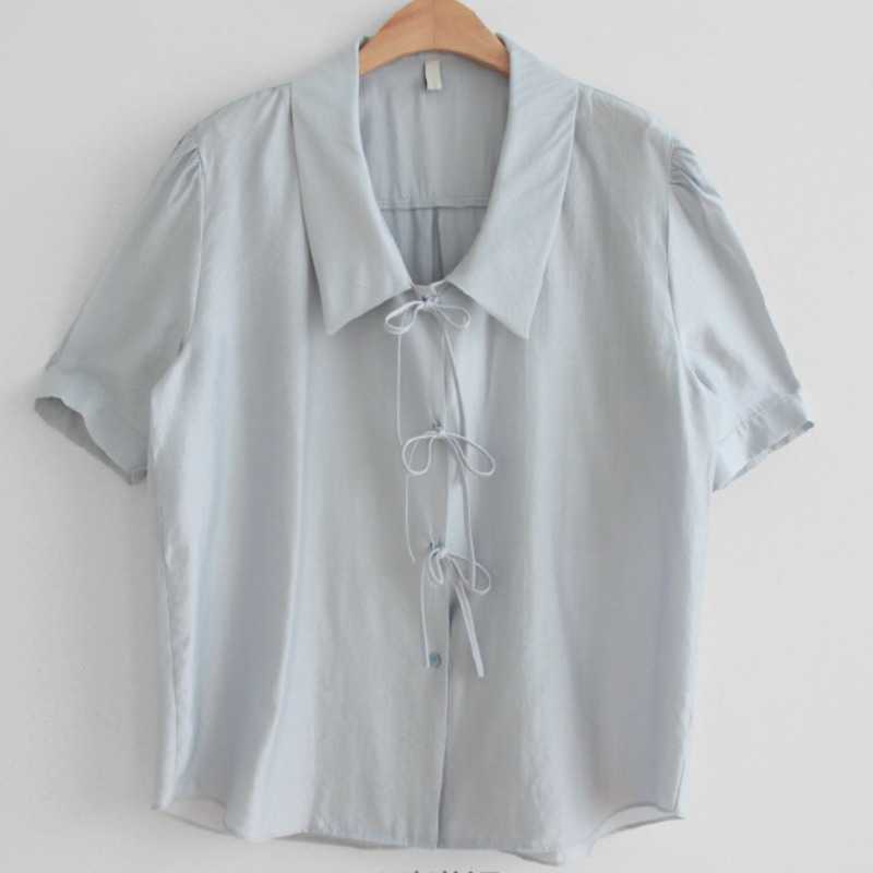 Korean Sweet Bow Tie Blouse Women Puff Sleeve Turn-down Collar Shirt Summer Fashion Blusas Mujer De Moda 6J464 210603