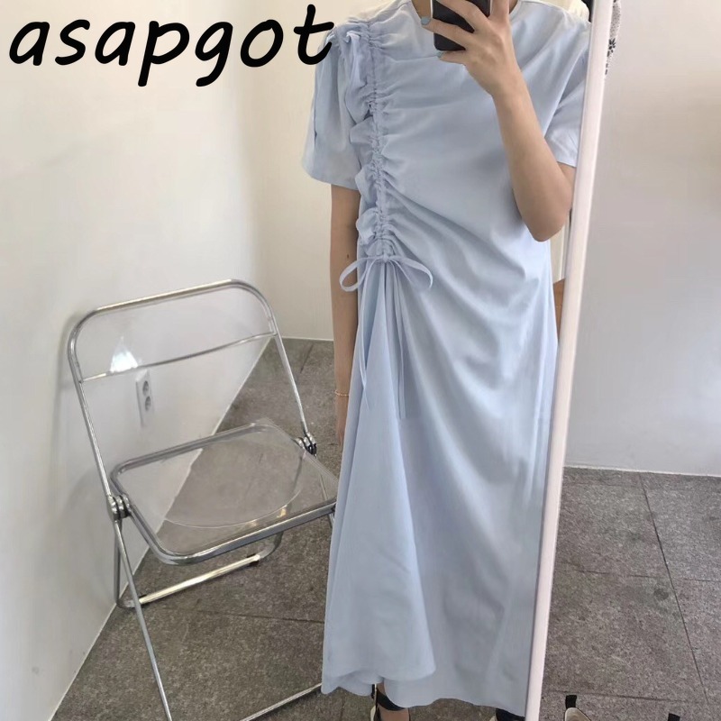 Chic Korean Gentle Loose O Neck Blue Fungus Drawstring Irregular Shirt Dress Women Short Sleeve Casual Summer White Vestido 210429