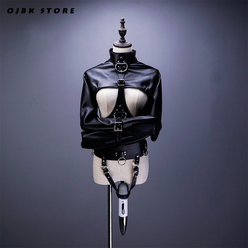 SM open breast cupless leather BDSM bondage jacket top womens restraint straight Fetish Forced Orgasm Belt For Vibrator Set