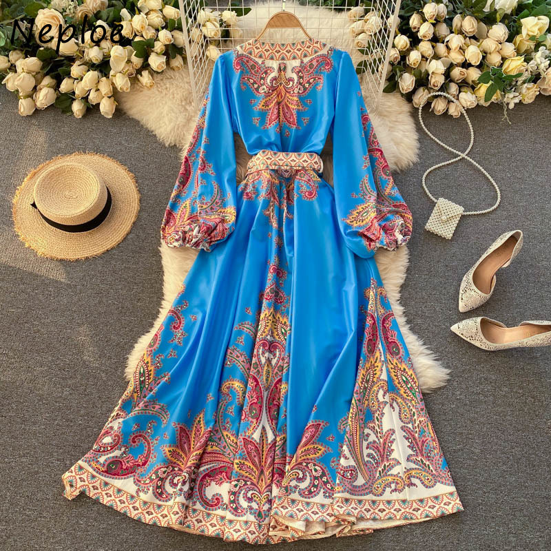Neploe Vintage Print Holiday Bohemian Dress Women High Waist Lace Up Slim Maxi Dresses V Neck Long Sleeve Vestidos Mujer 94992 210422