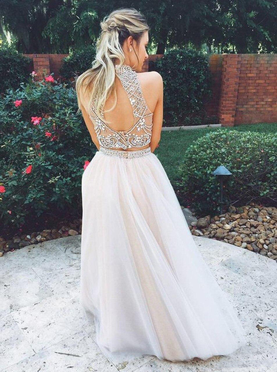 Champagne Tulle Beaded Crystals Two Piece Prom Dresses 2021 Champagne Tulle Elegant Formal Evening Gowns Keyhole Back Party Graduation Dress