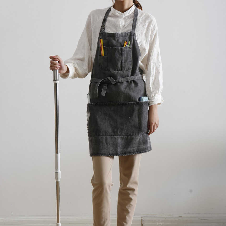 Professiona Korean Adjustable 100 Cotton Denim Apron Kitchen s For Woman Adult Baking Smock Chef Cafe Unisex Jeans 2109042383627