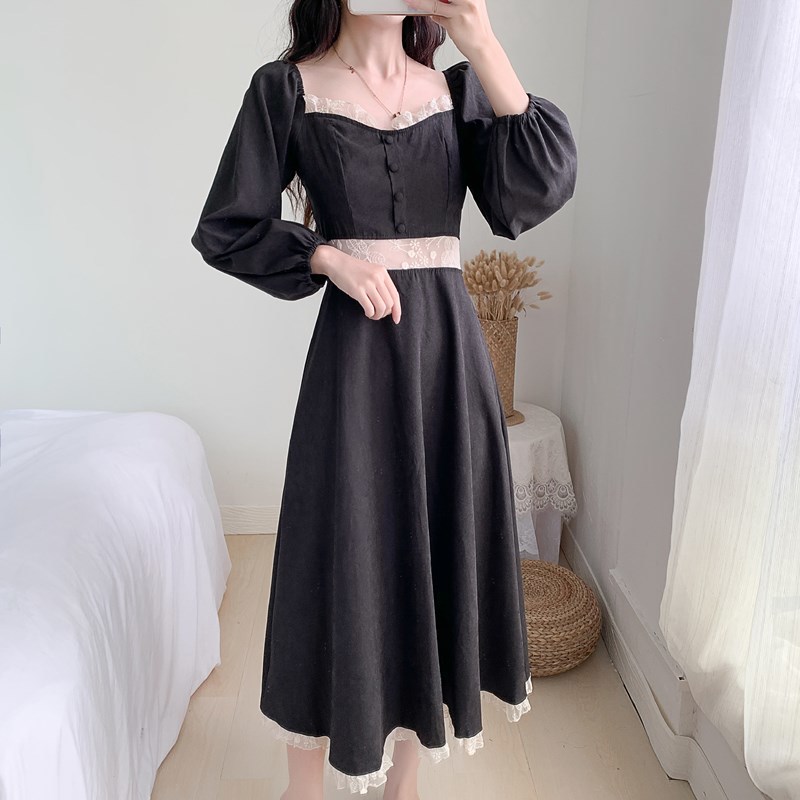 Spring and Autumn Square Neck Lace Patchwork Long sleeve Dress Women French style Show thin Elegant Fashion 210506