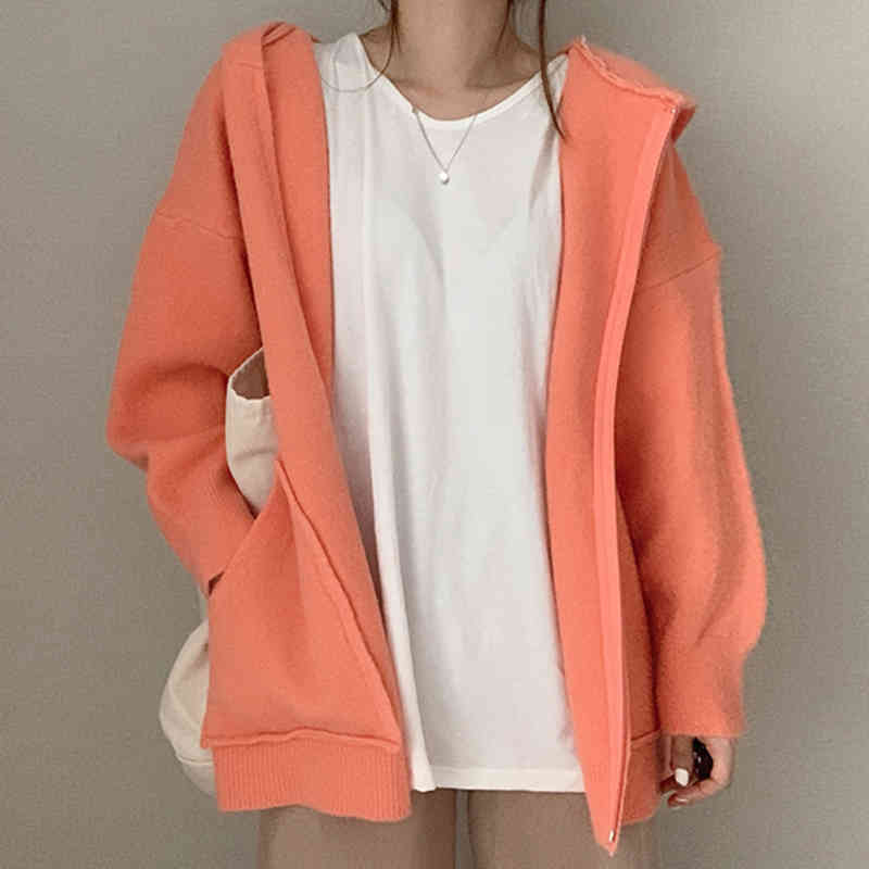 Nomikuma Causal Double Pockets Knitted Cardigan Autumn Winter Women Sweater Coat Long Sleve Zipper Hooded Knitwear 6C364 210427