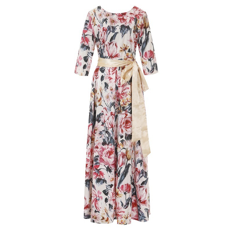 Women Dress Printed Lace Up Bohemia Sexy Long Print Floral Maxi es High Waist Big Hem Ball Gown Autumn Winter 210524