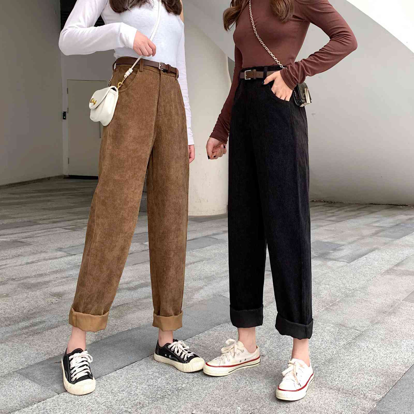 Zoki High Waist Corduroy Pants Fashion Belt Autumn Wide Leg Full Spring Korean Pure Cotton Black Streetwear Ladies Trouser 211115
