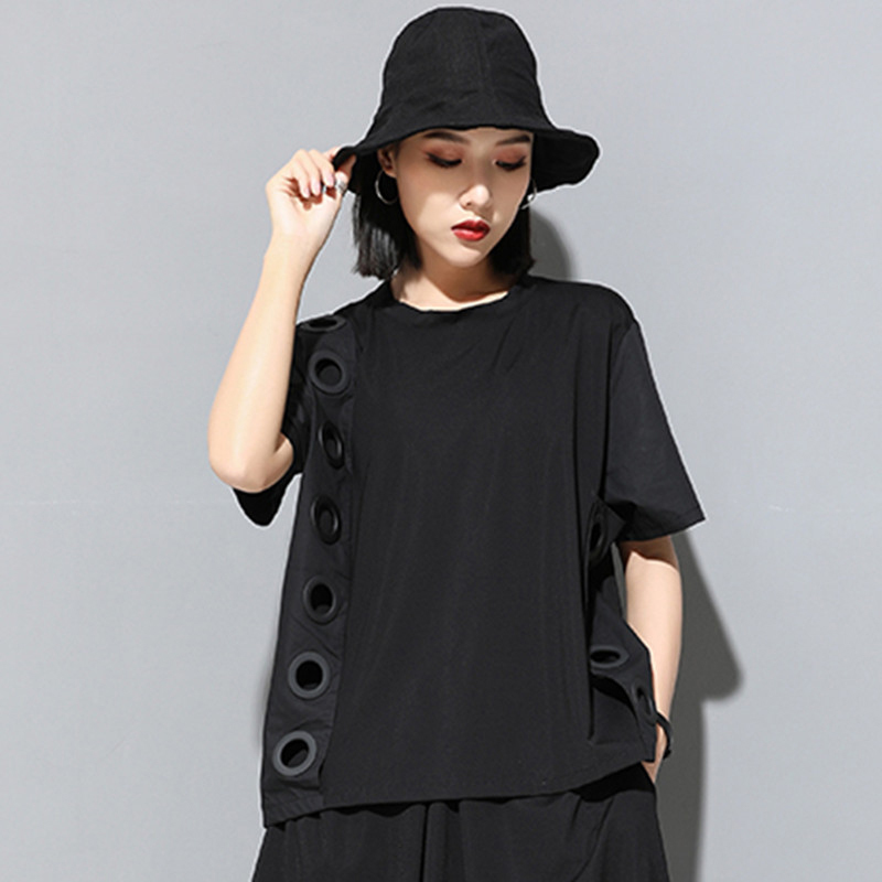 EAM Spring Summer Round Neck Short Sleeve Black Hollow Out Split Joint Big Size Tshirt Women Fashion JW045 210406