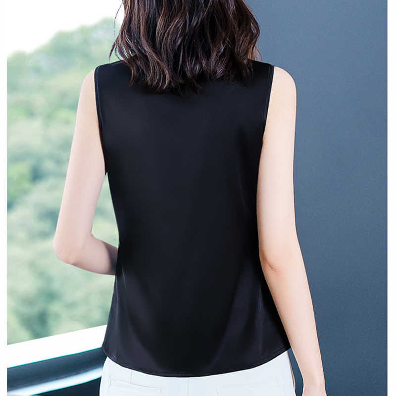 Summer Silk Tank Top Women Satin Office Lady Lace Korean Tops Mesh Sleeveless Black for Plus Size XXXL/4XL 210531
