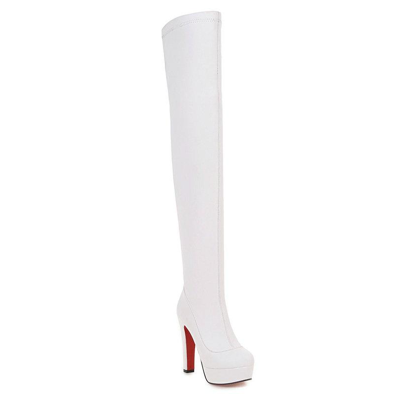 Boots White Platform Women Stertch Pu Leather Over The Knee Fashion Square High Heel Long Autumn Winter Zip Shoes