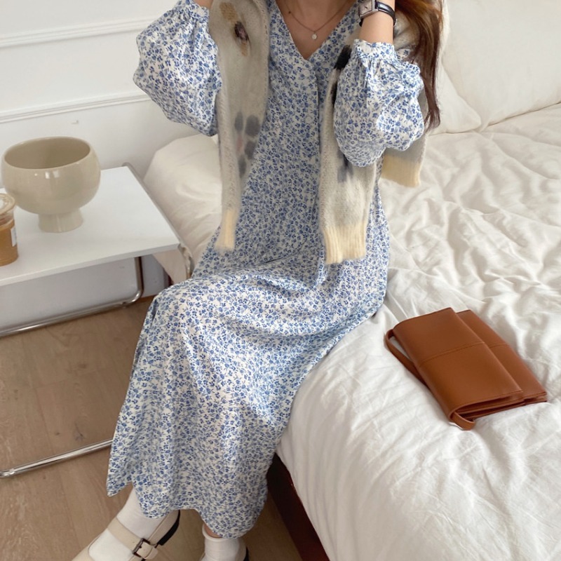 Spring Vintage Floral Pleated Chiffon Casual Slit Dress Women Sleeve Elegant V Neck Loose Long Dresses D12701X 210416