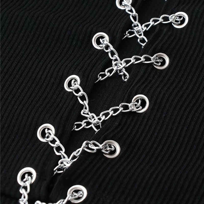 Evfer Spring Summer Fashion Sexy Lady Front Chain Drawstring Knitted Short Vest Women Stylish O-Neck Sleeveless Black Tops Chic 210421