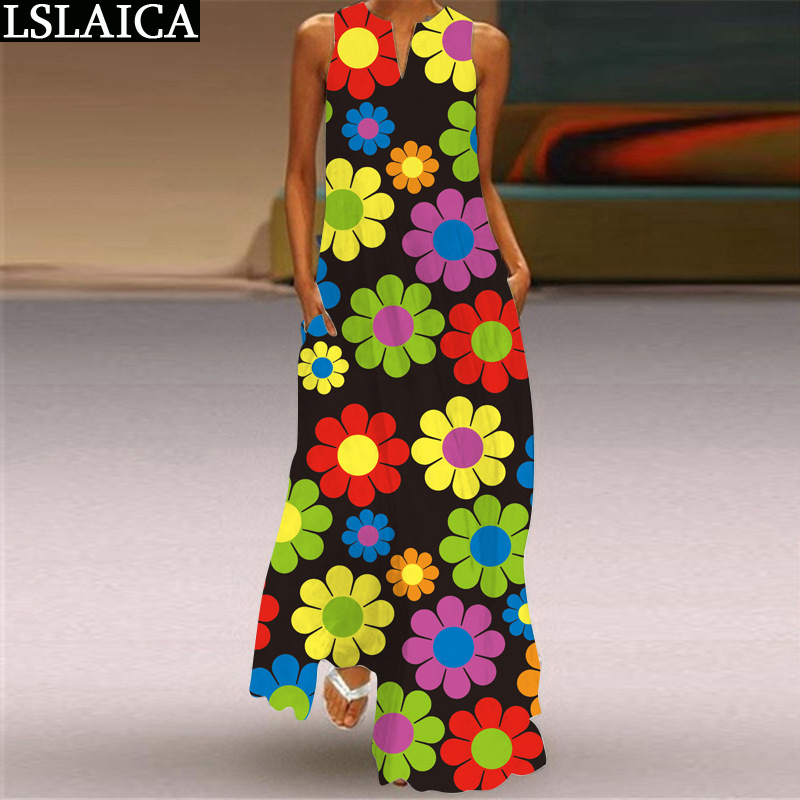 Woman Dress Sleeveless Print Casual Elegant Vintage Fashion A Line Plus Size Summer Streetwear Holiday Long es Ladies 210515