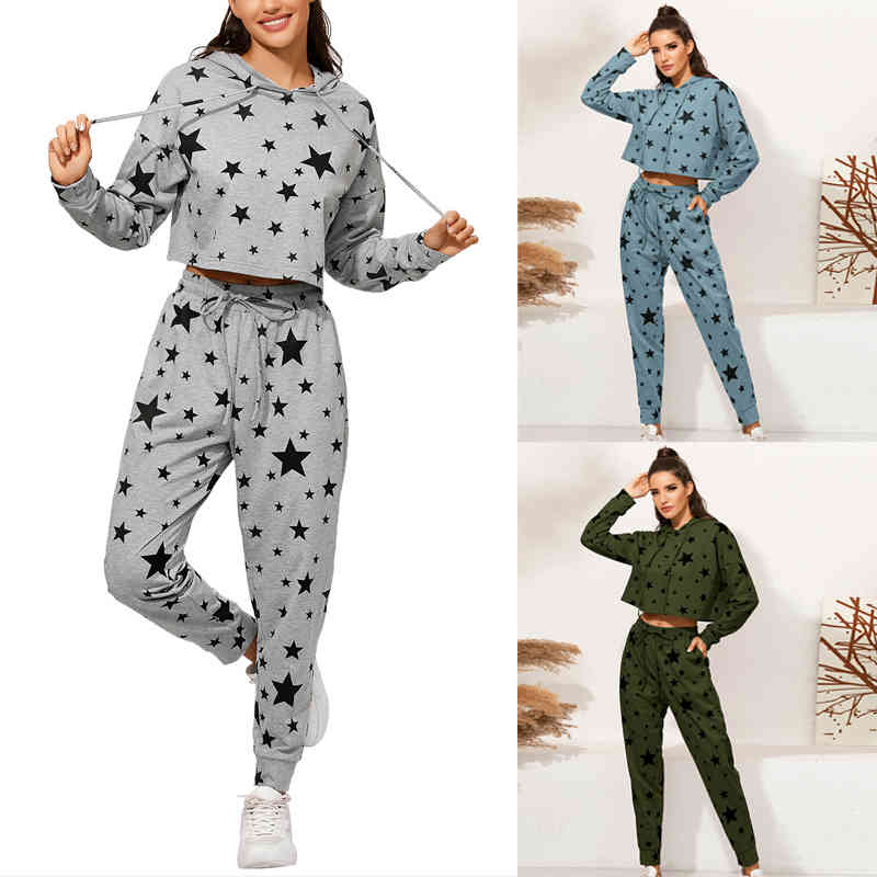 Casual Tracksuit Women 2 Piece Set Female Hooded Sweatshirt And Pants Sportwear Suit print Hoodies Clothes Autumn fitness suit 210515