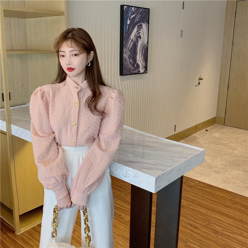 Nomikuma Women Blouse Causal Puff Sleeve Stand Neck Shirt Korean Single Breasted Blusas Femme Spring New Tops 6D976 210427