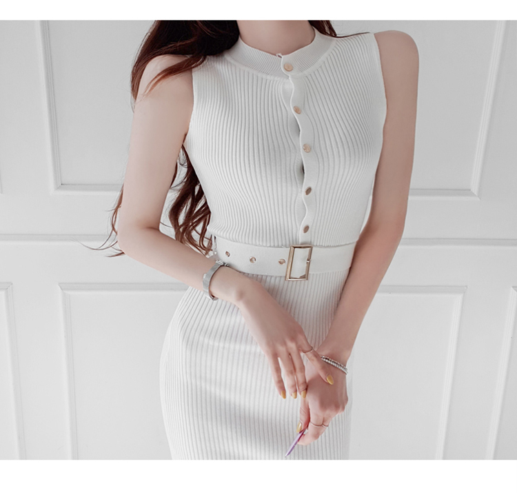 Elegant Slim Simple Stretch Knitting Dress Summer Women's es Sleeveless Single Breasted Belt Pencil 210506