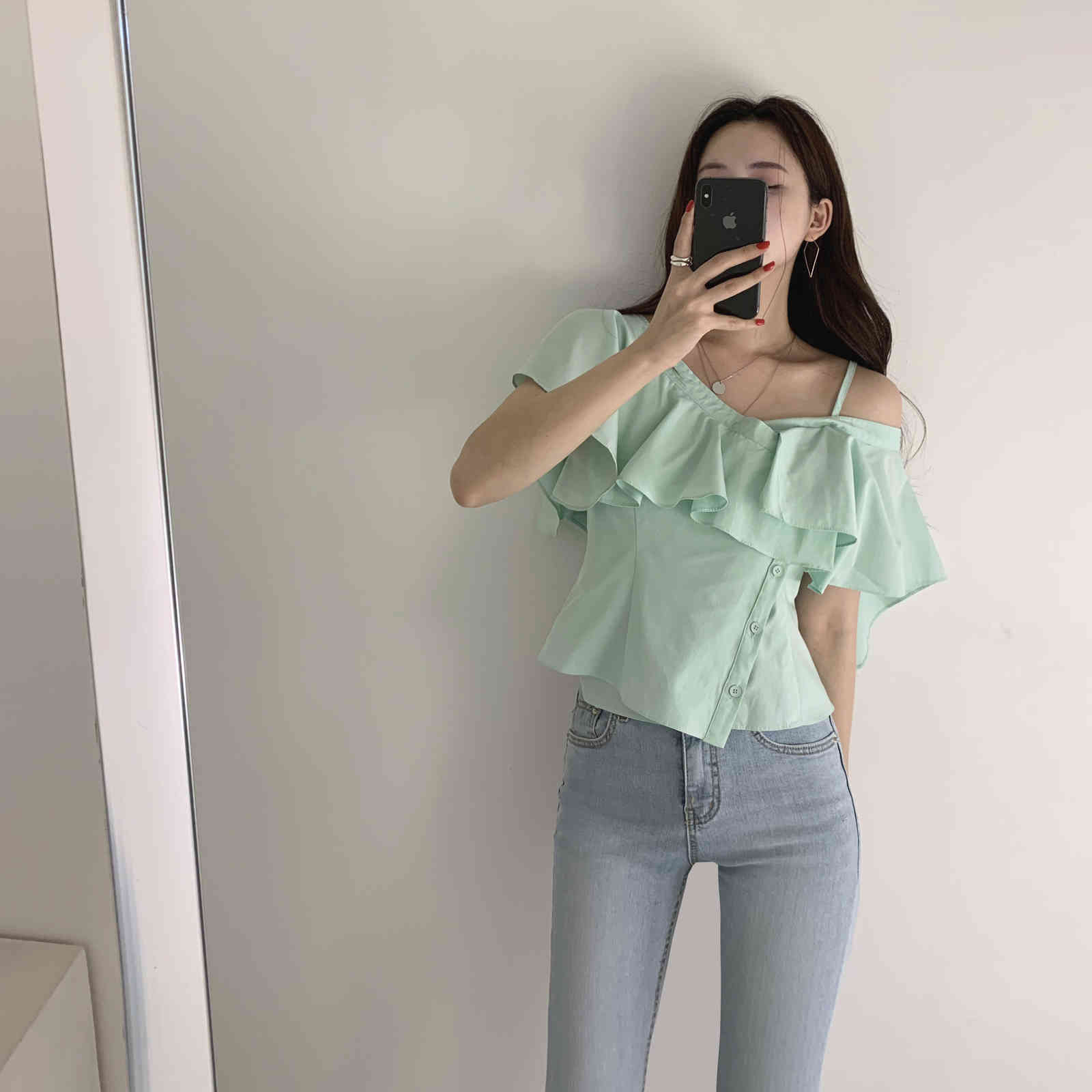 Chic Korean Fashion Clothing Summer Sexy Blue V Neck Off Shoulder Ruffles Blouse Women Irregular Short Blusas De Mujer Wild 210429