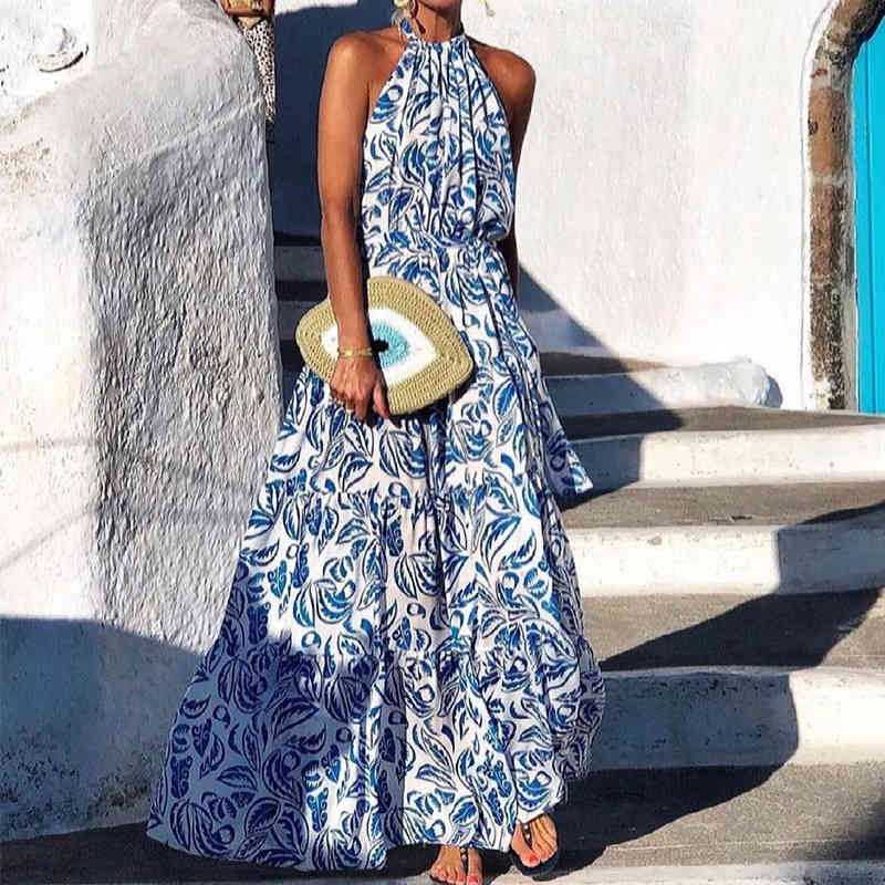 Women Dress Printed Bohemia Sexy Long Print Floral Maxi es Sleeveless Halter Fashion Plus Size Beach es 210524