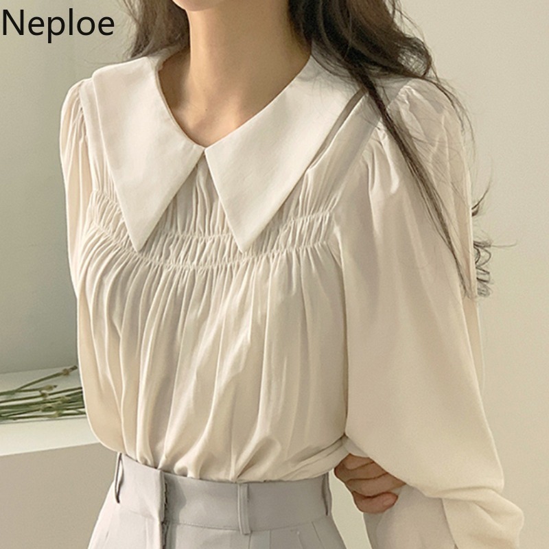 Neploe Korean Chic Women Blouses Spring Summer Casual Pleated Shirts All Match Peter Pan Collar Vintage Temperament Chiffon Tops 210422