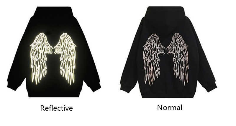 long sleeve reflective shirt Harajuku japan oversize black angel wing shiny cloth with a hood hoodies 210813