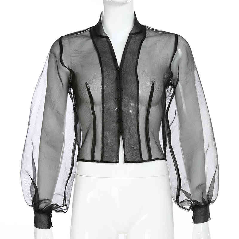 Nomikuma Sexy Perspective Mesh Women Blouse Puff Sleeve Stand Neck Shirt New See Through Chiffon Blusas Feminimos 6D949 210427