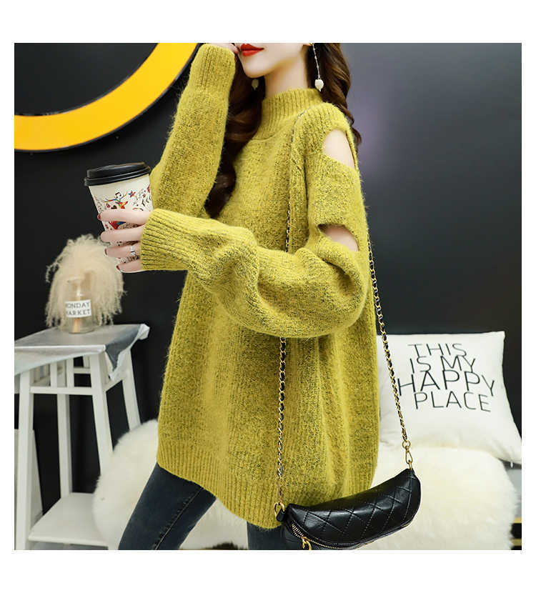 H.SA Winter Sweaters Fashion Korean Jumpers Off the shoulder Hollow Out Long Yellow Sweaters Warm Soft Casual Knit Tops 210716