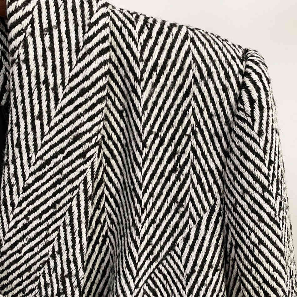 Free Winter Elegant Women's Mid-length Woolen Coat Double-breasted Green Fruit Collar Striped 210524