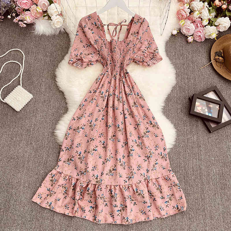 Summer Dress Women Vintage High Waist Floral Print Elegant Short Sleeve Dresses Ruffles Maxi Korean Vestidos 210519